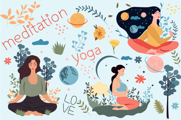 Woman in yoga lotus posture finding peace through meditation in outdoor. Concept for yoga, stress relief, leisure activities, and maintaining well being, relaxation. Vector illustration