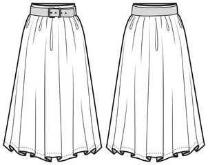 Women midi Skirt flat sketch illustration, Womens maxi  skirt with belt font and back view technical drawing vector illustration