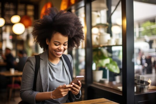 Black Woman Checking Phone Device In Boho Modern Coffee Shop, Afro Hair