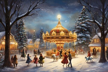 Christmas carousel in the city. Winter landscape. Christmas background. merry Christmas scene filled with snow covered trees and a towering tree of lights, illuminated carousel, AI Generated