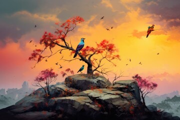 Obraz premium Bird sitting on a tree in the mountains at sunset. Digital painting, serene African savannah perched on a cliff, with a spectacular array of exotic birds perched on branches and foliage, AI Generated