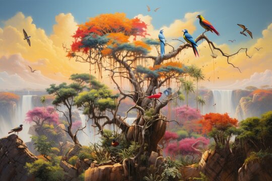 Fantasy landscape with a waterfall, trees and birds. Digital painting. serene African savannah perched on a cliff, spectacular array of exotic birds perched on branches and foliage, AI Generated