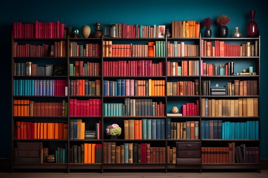 A wall of a home library lined with bookcases and shelves filled with books and decorations. Very colorful and blue wallpaper. Generative AI.