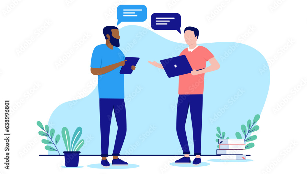 Poster office men talking at work - two businesspeople in casual clothes having conversation and dialogue w