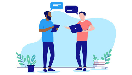 Office men talking at work - Two businesspeople in casual clothes having conversation and dialogue with speech bubbles holding computers. Flat design vector illustration with white background