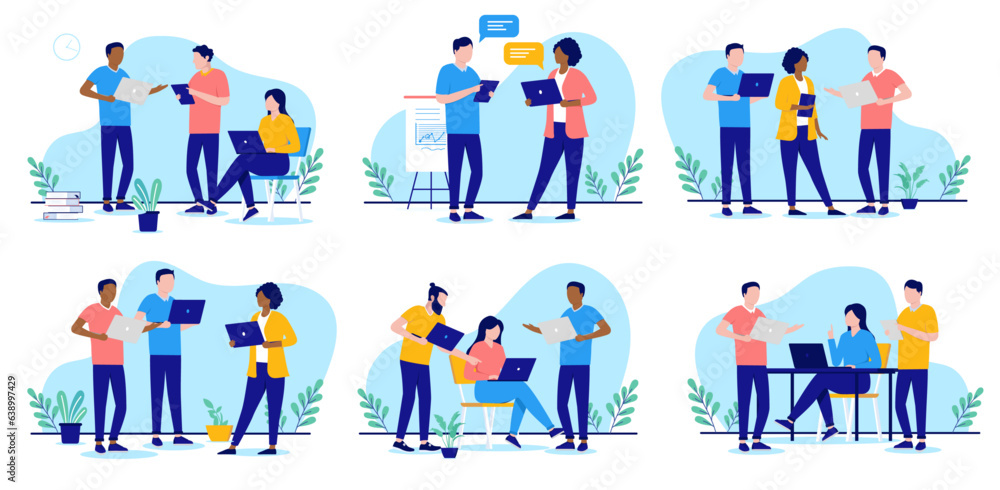 Poster office work vector collection - set of illustrations with people working on computers, talking and d