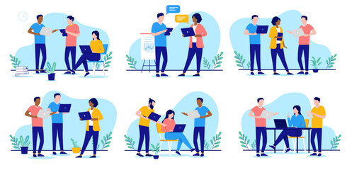 Office work vector collection - Set of illustrations with people working on computers, talking and discussing business. Flat design with white background