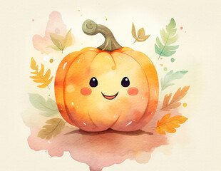 Happy smiling pumpkin. Cute cartoon character. Watercolor illustration created with Generative Ai technology