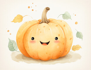 Happy smiling pumpkin. Cute cartoon character. Watercolor illustration created with Generative Ai technology