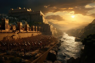 Ancient Egyptian warriors and cavalry fighting the Hittites on the battlefield, Kadesh battle. Generative AI.