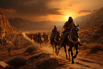 Ancient Egyptian warriors and cavalry fighting the Hittites on the battlefield, Kadesh battle. Generative AI.