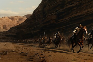 Ancient Egyptian warriors and cavalry fighting the Hittites on the battlefield, Kadesh battle. Generative AI.