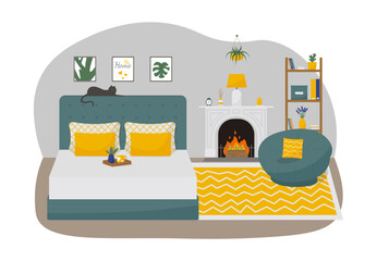 Cozy modern bedroom interior with double bed and fireplace. Concept vector illustration in flat style.