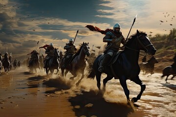 Ancient Egyptian warriors and cavalry fighting the Hittites on the battlefield, Kadesh battle. Generative AI.