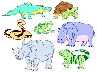 Set of cute animal illustrations crocodile, turtle, snake, frog, rhino, hippo, iguana