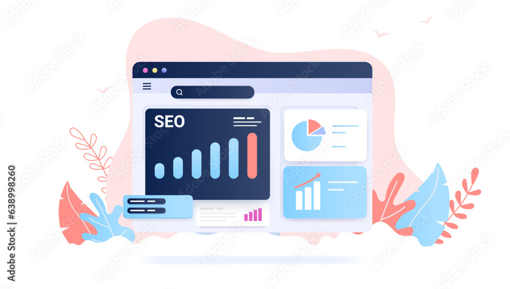 Poster seo analysis - vector illustration of web browser with search engine optimisation rising diagram and