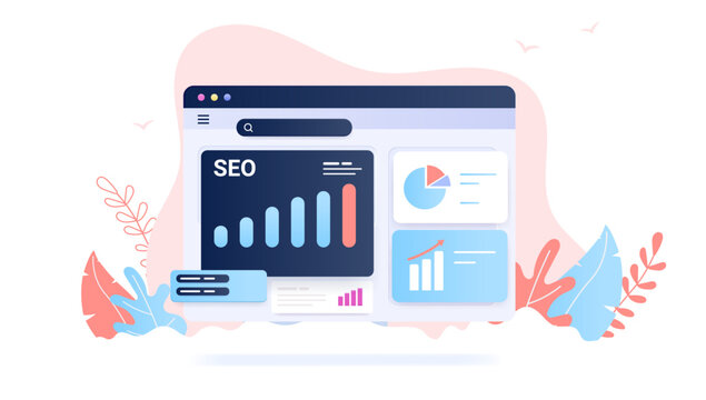 SEO analysis - Vector illustration of web browser with search engine optimisation rising diagram and charts. Decorative semi flat design with white background