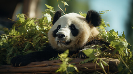 Chubby Black and White Panda at the Sichuan Panda Sitting on a Dense Bamboo Forest in The Background AI Generative