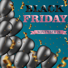 Black Friday banner. November 24. Black and pink letters on a blue background with a black balloons and serpentine