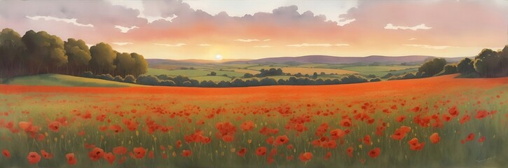 Watercolor style. Spring meadow landscape. AI generated illustration