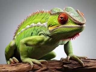 Obraz premium Green chameleon on a gray background. Studio shot. Isolated. side view, Studio shot.