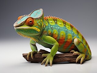 Obraz premium Colorful chameleon on a branch isolated on gray background, side view, Studio shot.