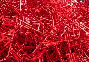 Recycling, reuse of plastic. Sprues from the production of plastic products. Recycled crushed plastic. The problem of environmental pollution. Ecology and innovations. Various types of color plastic