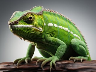 Obraz premium Green chameleon on a gray background. Studio shot. Isolated. side view, Studio shot.