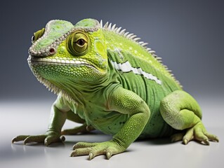 Fototapeta premium Green chameleon on a gray background. Studio shot. Isolated. side view, Studio shot.