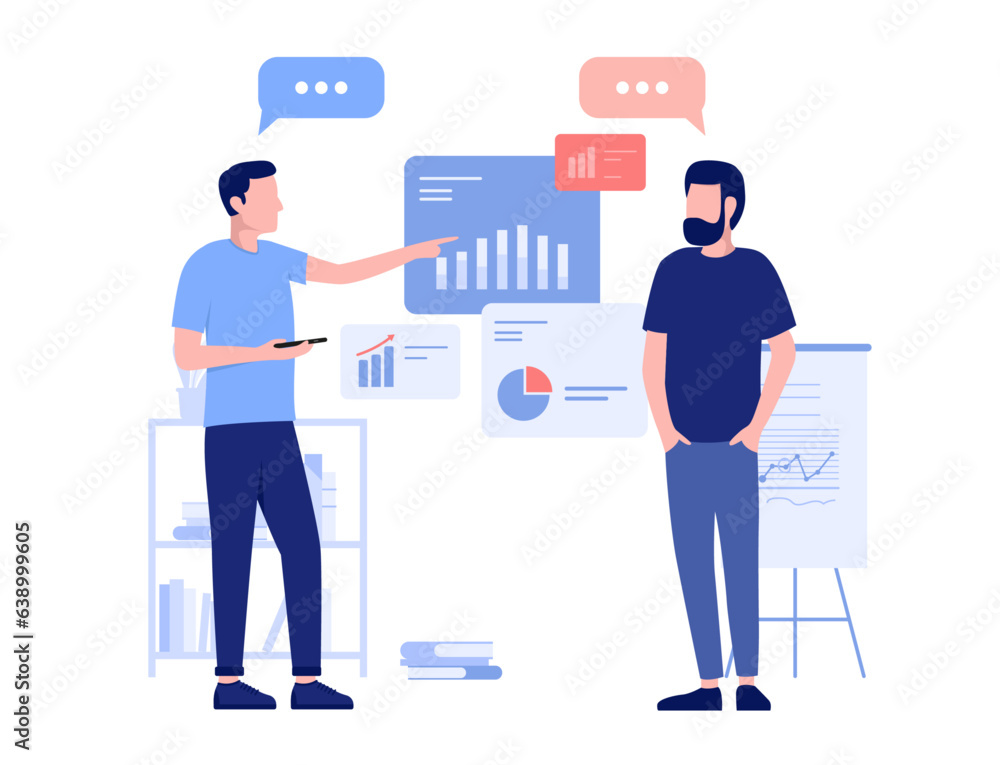 Poster working and discussing business data - two office people talking and looking at financial charts and
