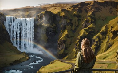 woman looking at a waterfall in iceland
