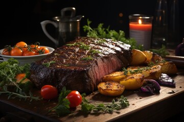Succulent grilled picanha perfectly surrounded by fresh cutlery and vegetables., generative IA