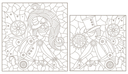 Set of contour illustrations in the style of stained glass with steam punk signs of the zodiac Virgo, dark contours on a white background