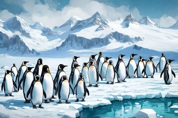 Create a group of penguins gathered on an icy shoreline, framed by snowy peaks