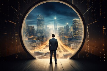 man in suit looking out over city, dramatic, epic frame
