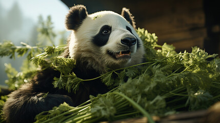 Chubby Black and White Panda at the Sichuan Panda Sitting on a Dense Bamboo Forest in The Background AI Generative