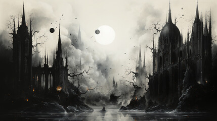 Massive Castle with Ominous Towers full Moon Casting Eerie Shadows in The Cosmos Paint Art on Canvas AI Generative