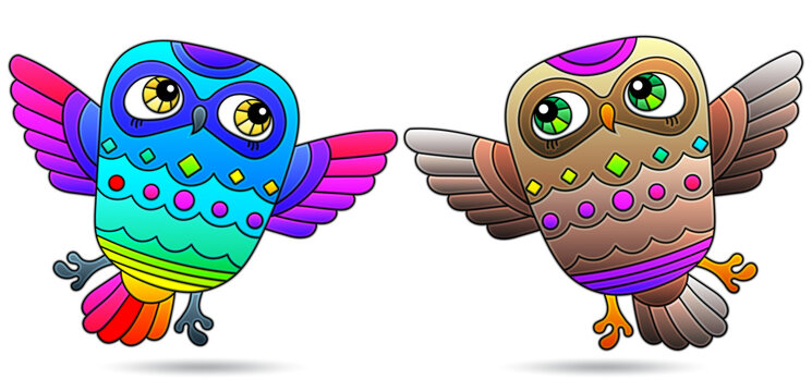 A set of illustrations in the style of stained glass with bright cartoon owls, animals isolated on a white background