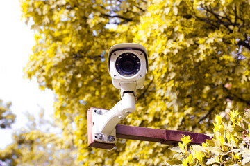 White IP CCTV surveillance camera against yellow tree foliage. Concept of security, private territory, property control. Program searching for criminals with facial recognition. Modern technology.