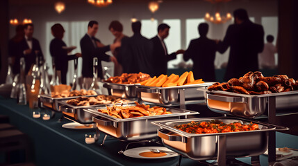Group of people on catering buffet food indoor in restaurant with grilled meat. Buffet service for...