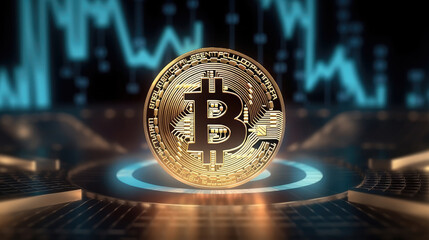 Horizontal illustration with bitcoin illuminated by neon light and bcrypto exchange charts on the background. For projects about cryptocurrency operations.