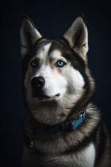 Mesmerizing Husky Portrait: Studio Photograph of White, Grey, and Black Husky with Bright Blue Eyes, Generative AI