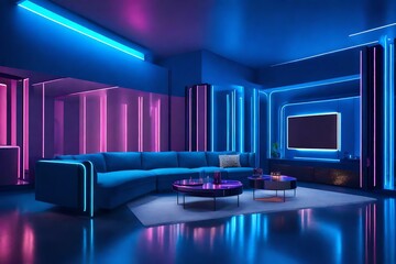  a futuristic lounge with sleek lines and neon accents.