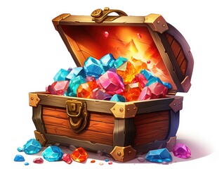An open Treasure Chest filled with a lot of with gems isolated on white background