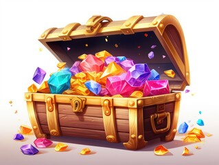 An open Treasure Chest filled with a lot of with gems isolated on white background