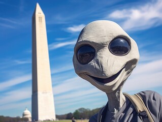 A slim grey Alien with black eyes smiles while taking a selfie in front of Washington Monument