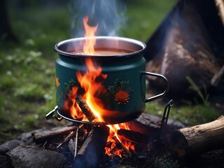 Metal campfire enamel mug with hot herbal tea on campfire. a pot of water boiling over a fire and a flame. Preparing food on campfire in wild camping