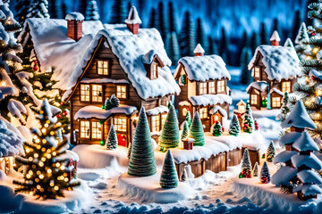 Capture the magic of a winter wonderland with a snowy village scene AI generation