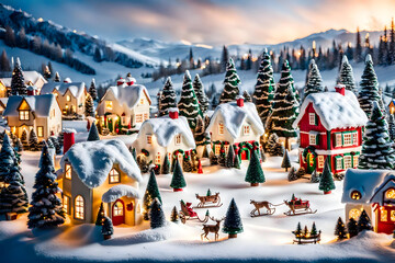 Capture the magic of a winter wonderland with a snowy village scene AI generation