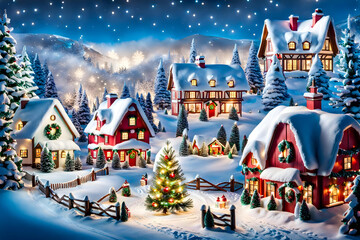 Capture the magic of a winter wonderland with a snowy village scene AI generation